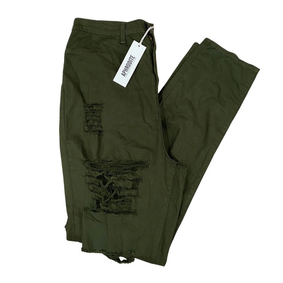 NWT Aphrodite Army Green Olive Stretchy Ripped Jeans High-Waisted Size 3X (38) - Picture 1 of 11